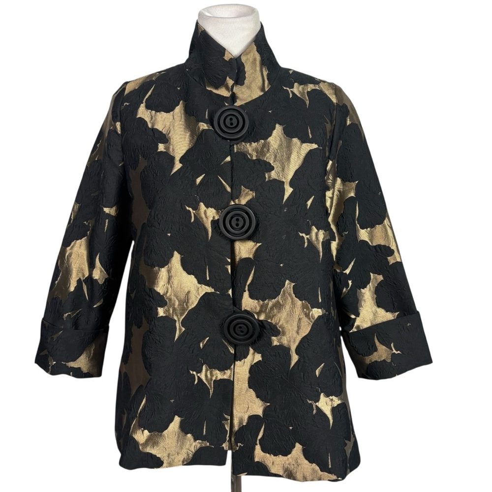 IC By Connie K Collection Gold Black Pleated Button Down Stencil Jacket Size S